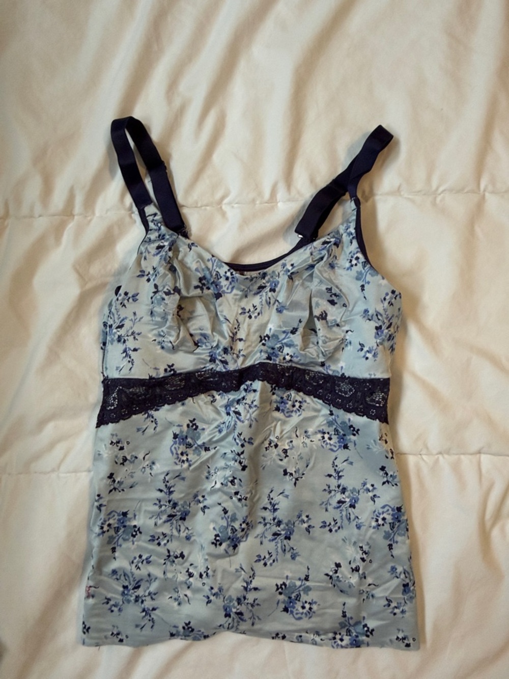 Ruby Ribbon Light Blue Floral Lace-Trim Camisole with Navy Accents